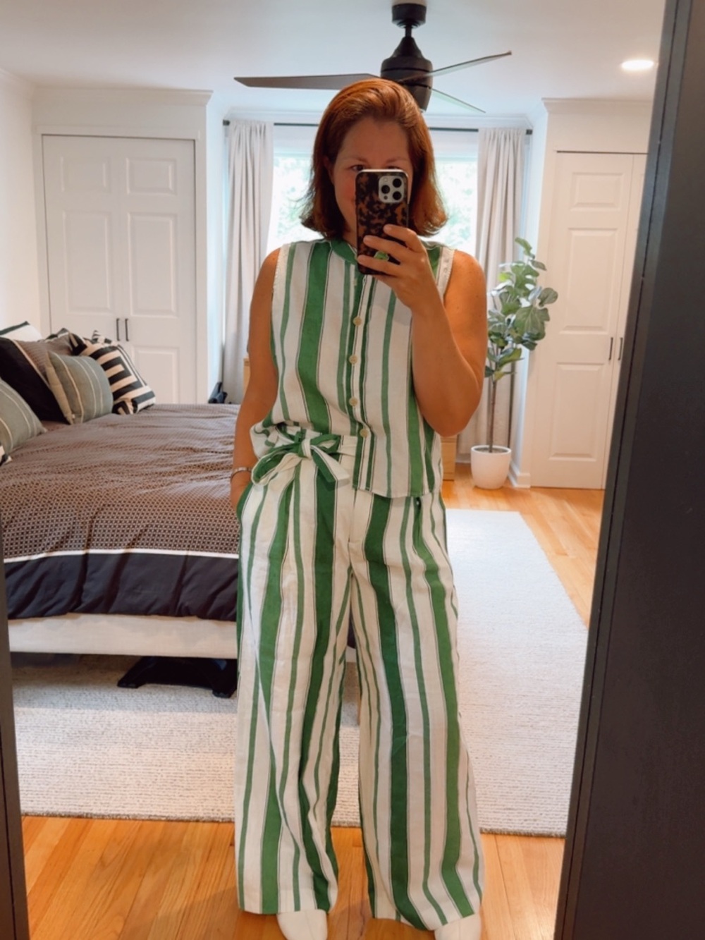 Ann Taylor Green & White Striped Linen Set – Pants Petite 8 / Top L